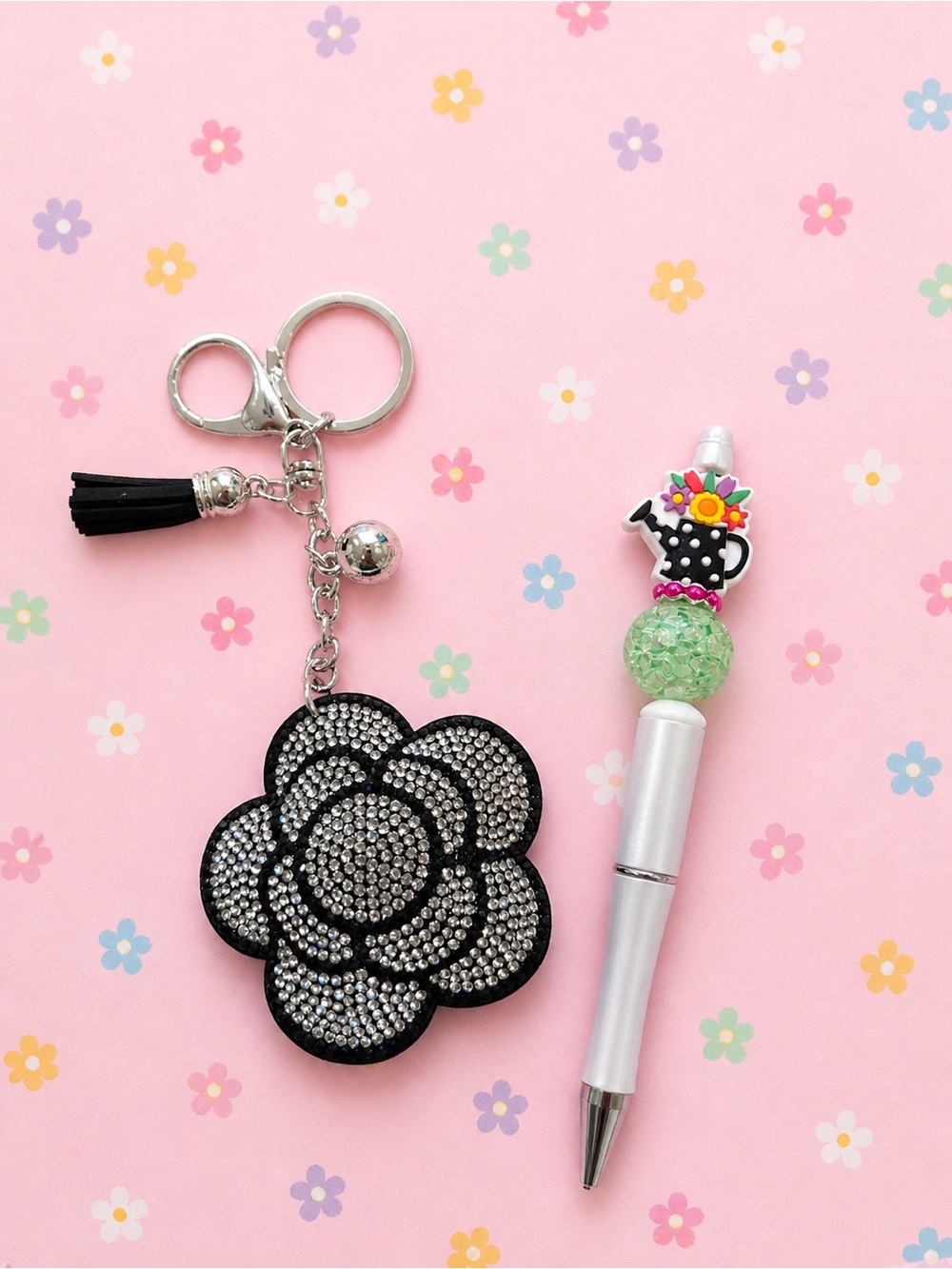 Rhinestone Black Flower Keychain with handmade flower pot beaded pen